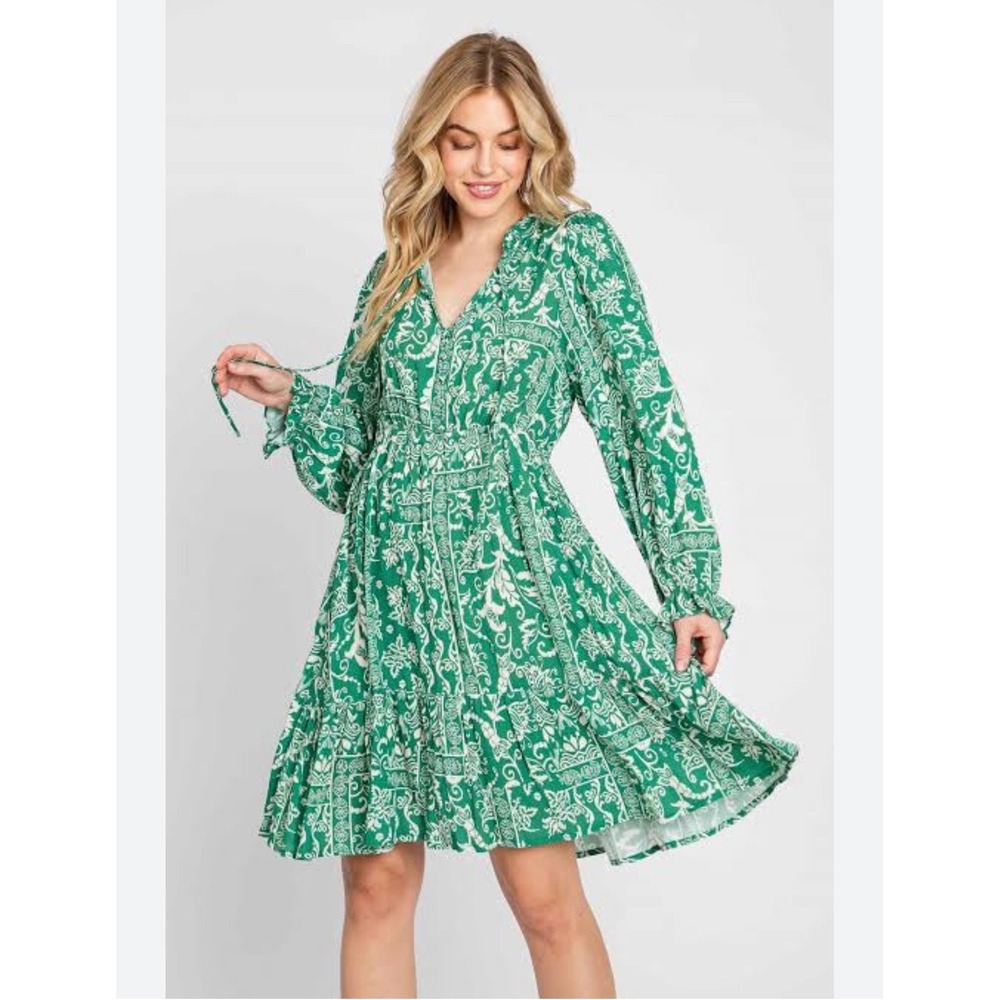 elleborn Paisley Floral Ruffle Mini Dress M Green Boho Cottagecore 3327D